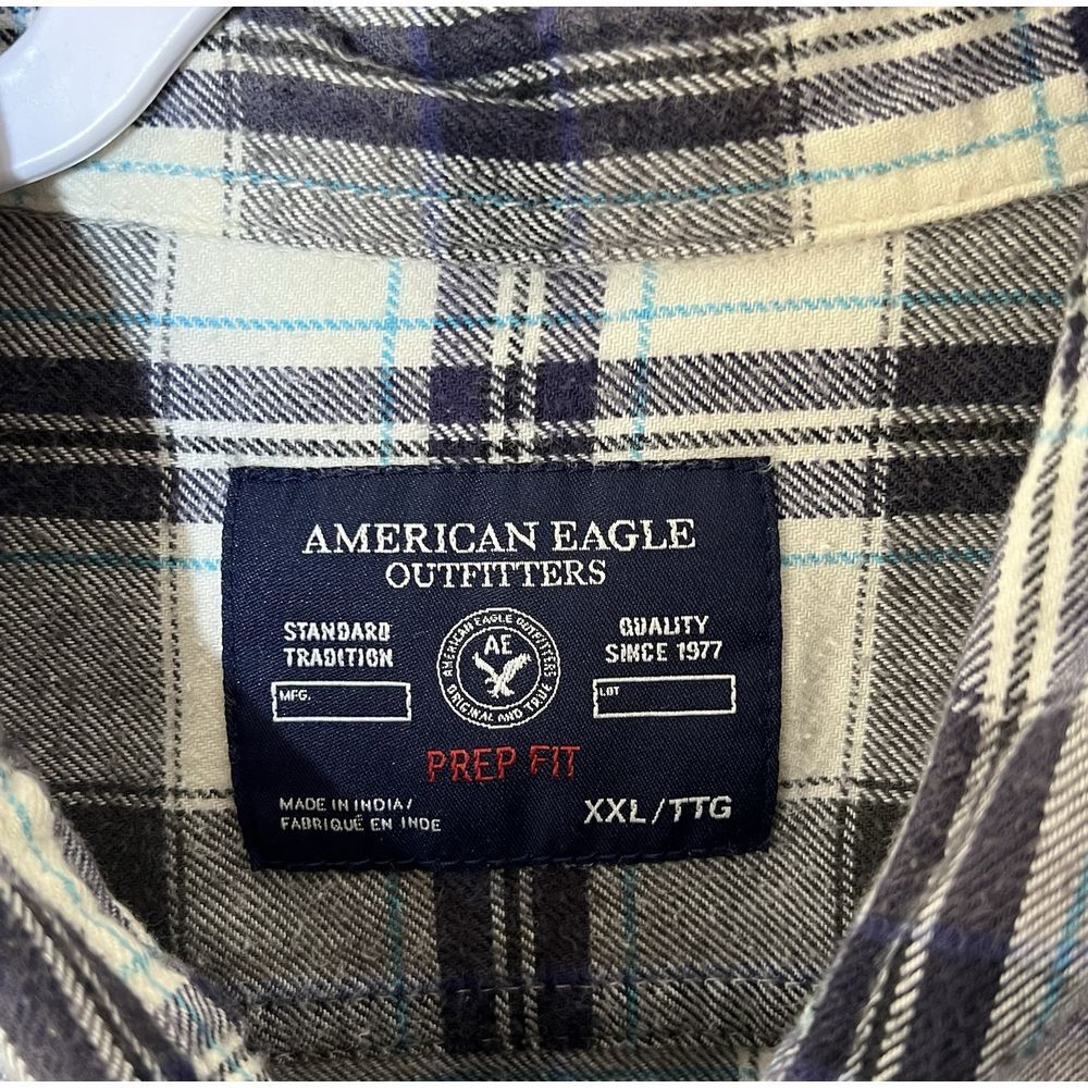 American Eagle AEO Flannel Shirt Mens Size XXL Prep Fit Blue Plaid Chest Pockets - Picture 3 of 6